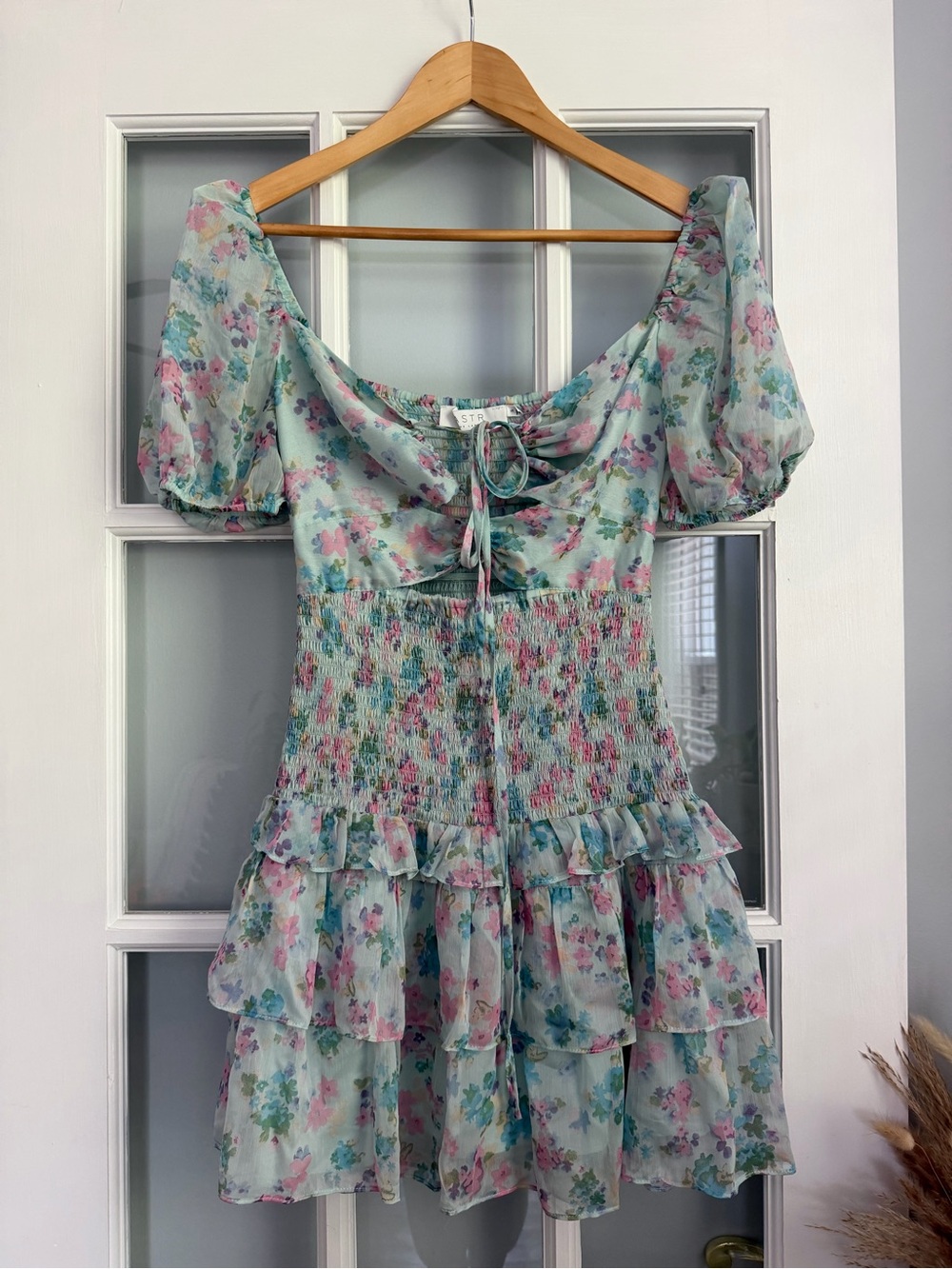 Astr Mint Floral Tiered Puff Sleeve Mini Dress with Tie Front